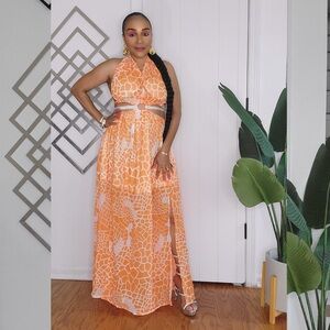 The Orange Summer Halter Backless Dress with Front Split